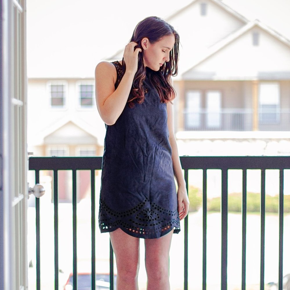 CUTE!!! Black Mini Dress with Eyelet Hemline